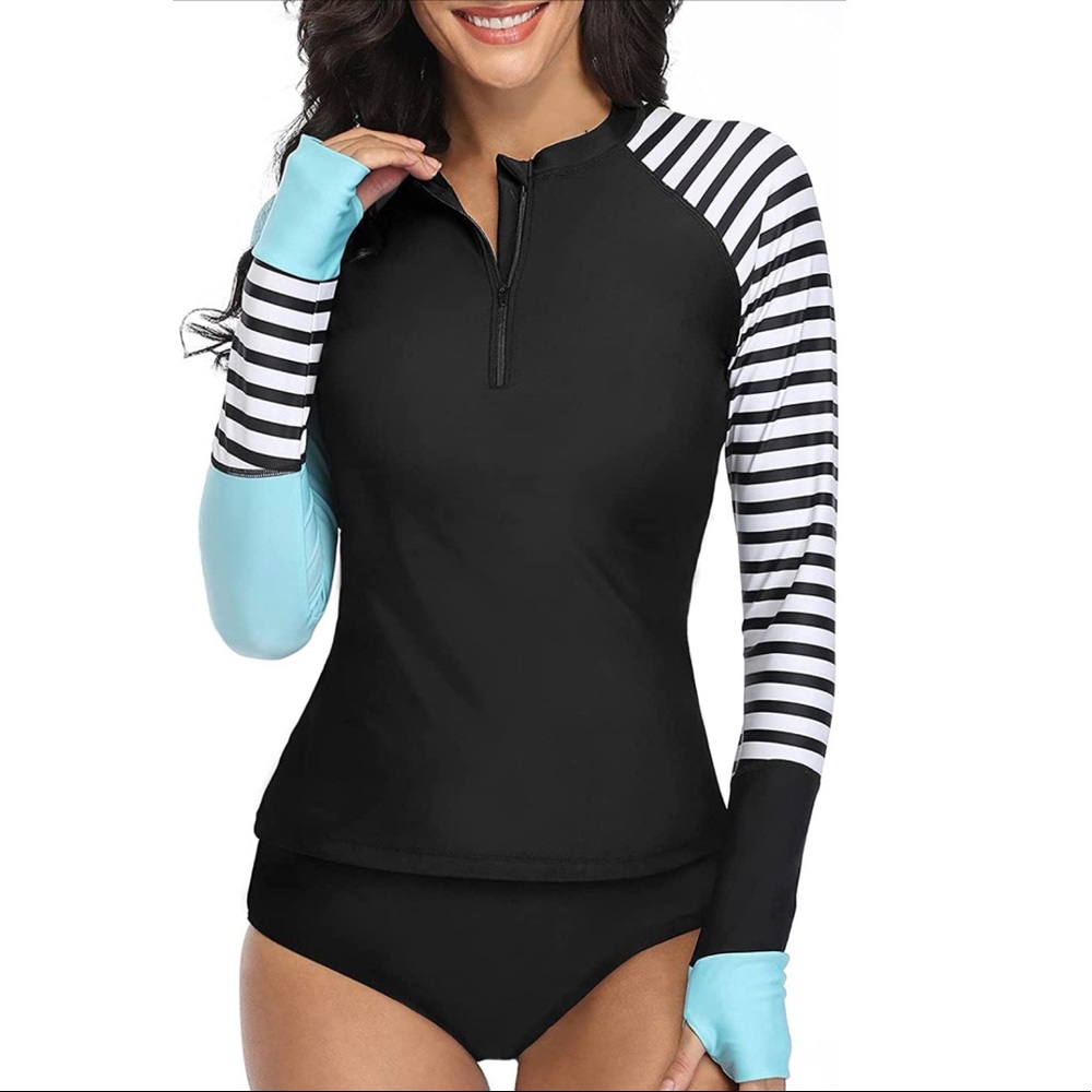 Striped Black and Aqua Women's Swim Top - Picture 2 of 8